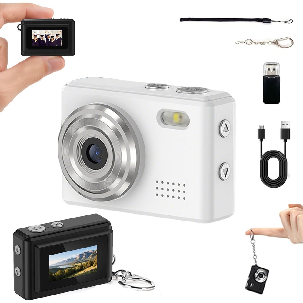 Mini Digital Camera Keychain Tiny Pixel Hd 1080p Retro Keychain Camera Micro Portable That Works Camera for Travel Study Recording (White-No Memory Card)