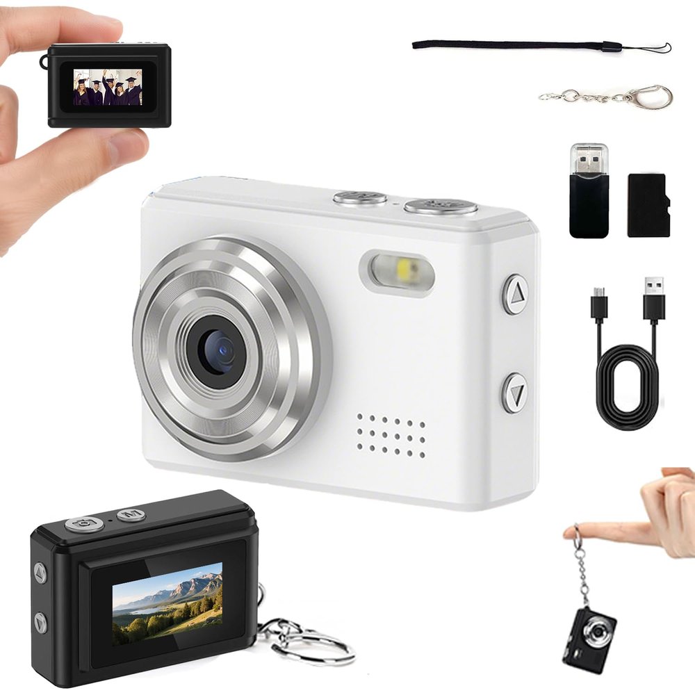 Mini Digital Camera Keychain Tiny Pixel Hd 1080p Retro Keychain Camera Micro Portable That Works Camera for Travel Study Recording (White 16G)