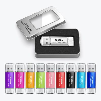Personalized OTG USB Flash Drive, 100 Pack Custom Thumb Drive Dual USB Memory Stick Pen Drive, Ideal for Business, Education, Corporations, Photography & Music Studios (128 MB,with Metal Box)