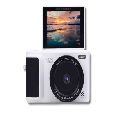4K Digital Camera for Photography, with 3 180 Flip Screen, 16X Zoom, Digital Zoom Point and Shoot Camara, Compact Vlog Travel Camara, for Beginner (White)