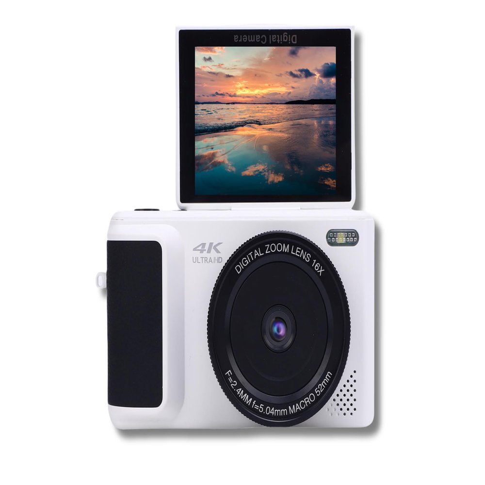 4K Digital Camera for Photography, with 3 180 Flip Screen, 16X Zoom, Digital Zoom Point and Shoot Camara, Compact Vlog Travel Camara, for Beginner (White)