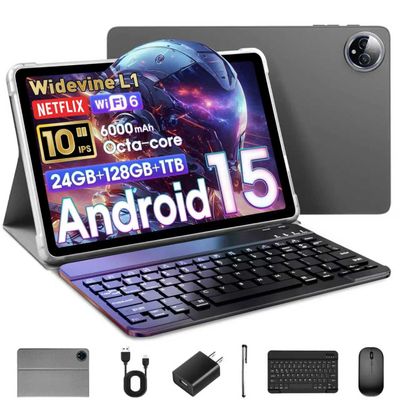 Raemond 10 Inch Tablet Android 15 with Keyboard, 24GB RAM + 128GB ROM (1TB Expand), T615 Octa-Core, 1280x800 IPS HD Display, 5MP+8MP Dual Camera, 6000mAh, Mouse, Widevine L1, GPS