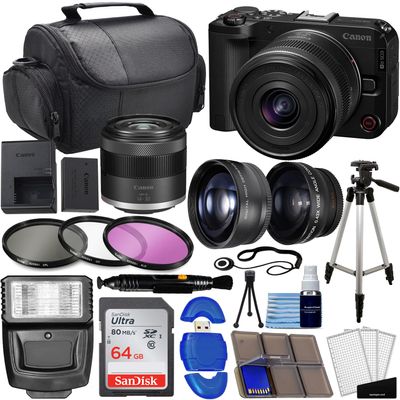 Canon EOS R50 V 24.2MP APS-C Mirrorless Camera with RF-S14-30mm F4-6.3 is STM PTZ Lens + 64GB Memory, Wide Angle Lens, Telephoto Lens, 3 Pc Filter Kit, Case, Flash, Tripod, More (Renewed)