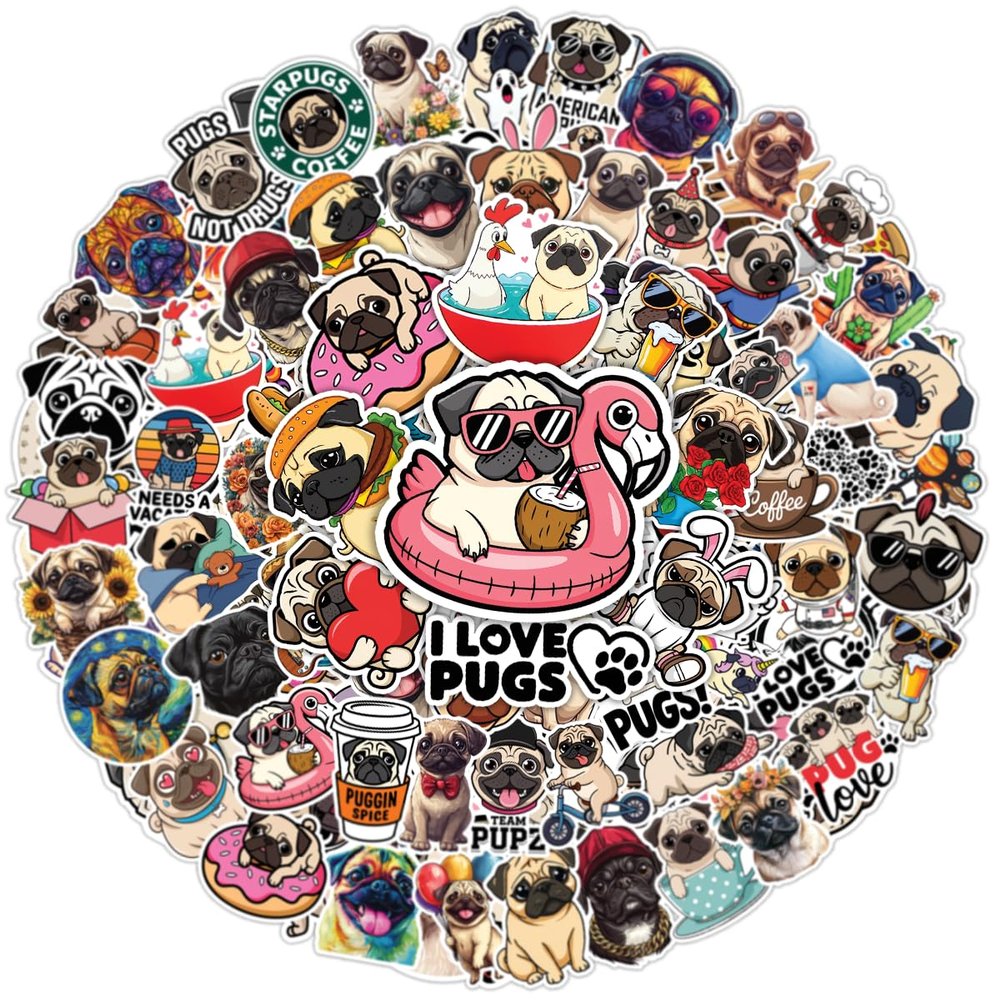 100pcs Pug Stickers - Kawaii Dog Sticker for Adults, Phone Waterproof Decals for Water Bottles Laptop Luggage Computer Scrapbooking Teens Adult Girls Kids Funny Party Birthday Decorations