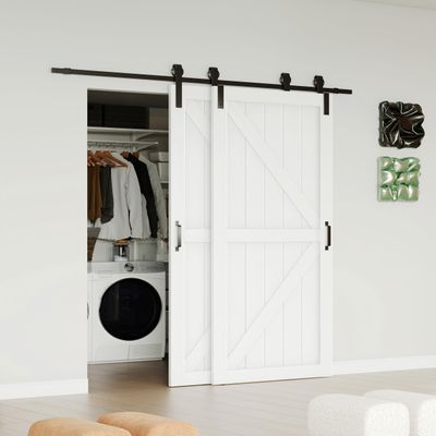 Lakenyon 84" x 84" Bypass Barn Doors, Sliding Barn Door with 6.98FT Sliding Bypass Barn Doors Hardware Kit, Single-Track for Double K-Frame Doors, MDF & DIY Painted, Easy Installation - White