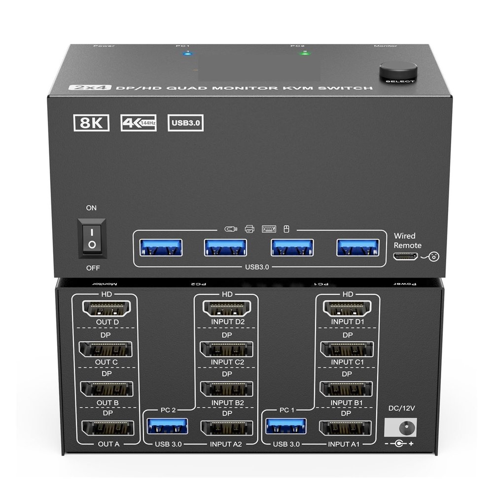 D3LX0Z1 KVM Switch 4 Monitors 2 Computers,USB 3.0 HDMI+DisplayPort Four Monitor KVM for 2 PC Share 4 Display 4USB(204 2H2D)
