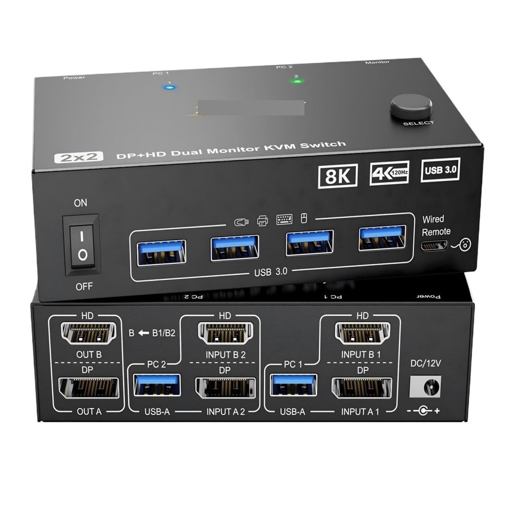 D3LX0Z1 4K KVM Switch 2 Monitors 2/3 Computers 8K,HDMI + Displayport Dual Monitor KVM Switch with 4 USB 3.0 Port(AU,3 Computers in)