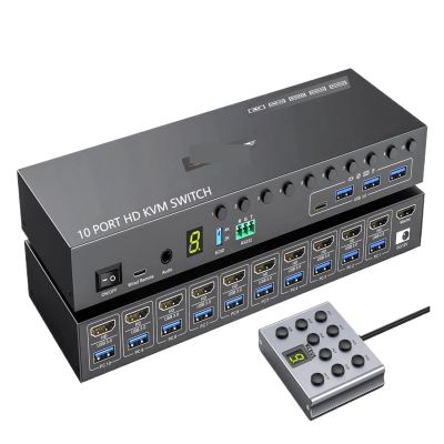 D3LX0Z1 10 Port HDMI KVM Switch EDID Simulation,USB 3.0 Switch for 10 Computers Share 1 Monitor + 4 USB Devices with Audio(KCEVE 1001)