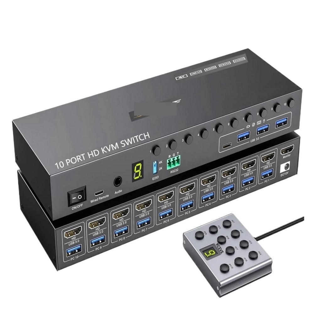 D3LX0Z1 10 Port HDMI KVM Switch EDID Simulation,USB 3.0 Switch for 10 Computers Share 1 Monitor + 4 USB Devices with Audio(KCEVE 1001)