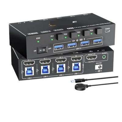 D3LX0Z1 8K HDMI KVM Switch 4 Ports with Audio,USB 3.0 KVM Switcher Box with EDID Emulator for 4 Computers Share Mouse Keyboard Monitor(with EU Plug)