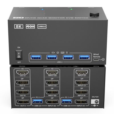 D3LX0Z1 KVM Switch 4 Monitors 2 Computers,USB 3.0 HDMI+DisplayPort Four Monitor KVM for 2 PC Share 4 Display 4USB(204 1H3D)
