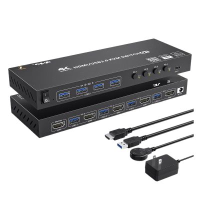 D3LX0Z1 USB 3.0 KVM Switch HDMI 4 Port Support 4K 2K 4:4:4 Simulation EDID, HDMI USB Switch 4 in 1 Out and 4 USB 3.0 Port(EU Plug)