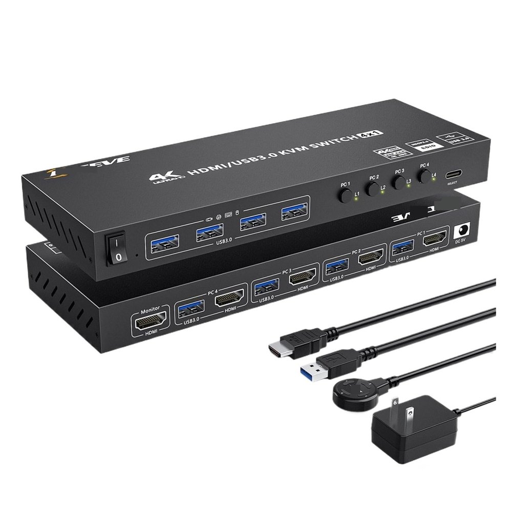 D3LX0Z1 USB 3.0 KVM Switch HDMI 4 Port Support 4K 2K 4:4:4 Simulation EDID, HDMI USB Switch 4 in 1 Out and 4 USB 3.0 Port(EU Plug)