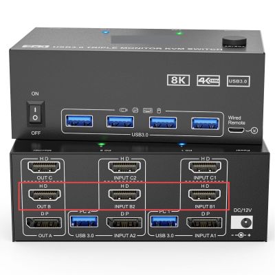 D3LX0Z1 8K Triple Monitor KVM Switch 3 Monitors 2 Computers, 2 Displayport + HDMI USB3.0 KVM Switch with 4 USB 3.0 Port for Keyboard(203DH-3)