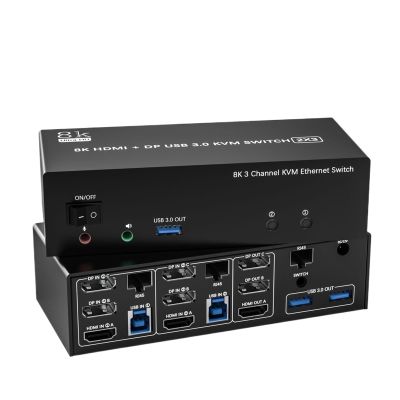 D3LX0Z1 KVM Switch 3 Monitors 2 Computers Share 1000Mbps Ethernet,2 Displayport + HDMI USB3.0 KVM Switch Triple Monitor(EU Plug Adapter)