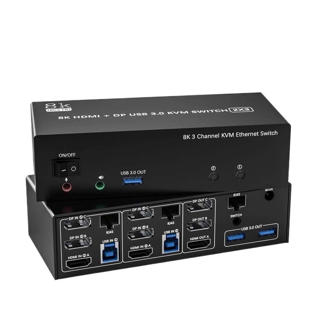D3LX0Z1 KVM Switch 3 Monitors 2 Computers Share 1000Mbps Ethernet,2 Displayport + HDMI USB3.0 KVM Switch Triple Monitor(EU Plug Adapter)