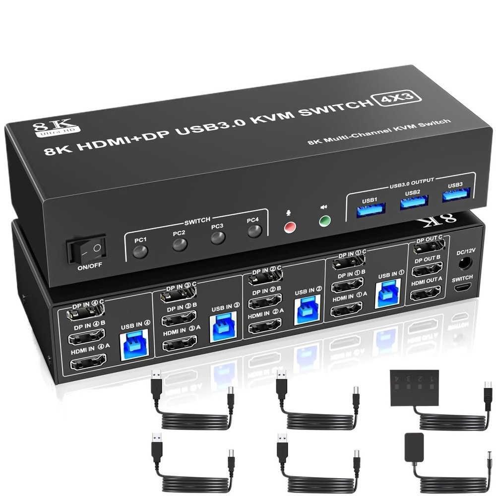 D3LX0Z1 8K USB3.0 KVM Switch 3 Monitors 4 Computers, 2 DisplayPort +1 HDMI Triple Monitor for 4PC with Audio and 3 USB 3.0(US Power Adapter)