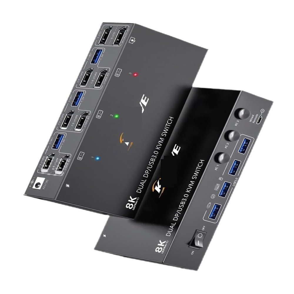 D3LX0Z1 8K Displayport KVM Switch 2 Monitors 3 Computers Dual Monitor KVM Switch Displayport with 4 USB 3.0 Ports(303DH)
