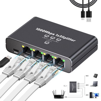 Aufloag Gigabit Ethernet Splitter 1 to 3 - 1000Mbps RJ45 Port Multiplier with USB-C Power, Plug & Play Network Switch for Cat5/5e/6/7/8 Cables, High Speed LAN Switch 1 in 3 Out for PC Laptop AP