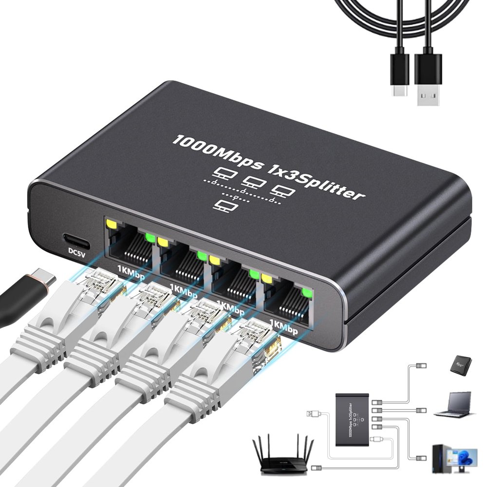 Aufloag Gigabit Ethernet Splitter 1 to 3 - 1000Mbps RJ45 Port Multiplier with USB-C Power, Plug & Play Network Switch for Cat5/5e/6/7/8 Cables, High Speed LAN Switch 1 in 3 Out for PC Laptop AP