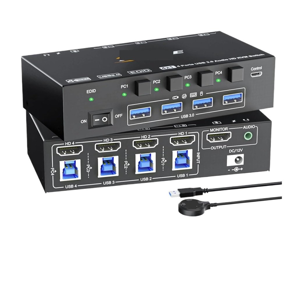 D3LX0Z1 8K HDMI KVM Switch 4 Ports with Audio,USB 3.0 KVM Switcher Box with EDID Emulator for 4 Computers Share Mouse Keyboard Monitor(with US Plug)