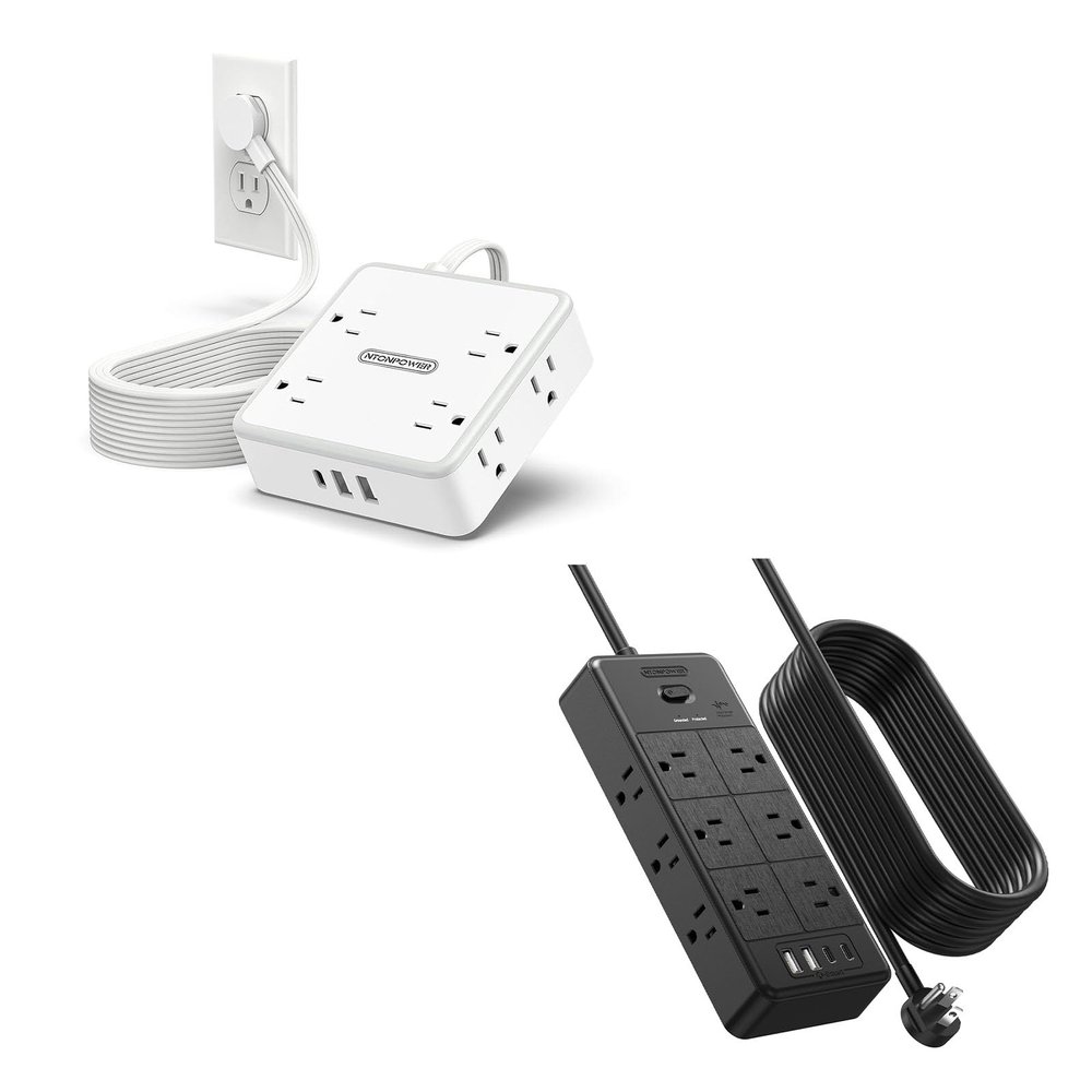 10 FT + 25 FT Surge Protector Power Strip, 12 Outlets & 4 USB Ports (2 USB C) + 8 AC Outlets with 3 USB Ports, 4000J + 1080J, 1625W 13A + 1250W 10A