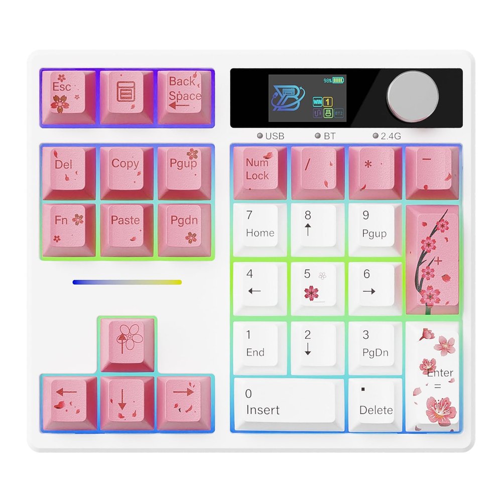 ZMX X BOYI TD31Pro Mechanical Numpad,Hot Swap Wireless BT5.0/2.4GHz/Type-C Wired Numeric Keypad with Screen&Knob,30Keys PBT Keycaps RGB Gaming Macro Number Pad for PC Laptop (Pink Cherry Blossom)
