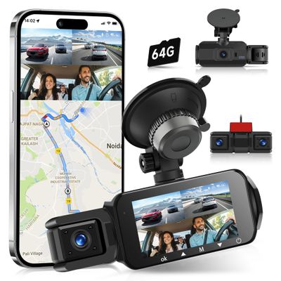 360 2K Dash Cam Front and Rear Inside,4 Channel 3inch IPS Touchscreen 2K Dash Cam Front and 3x1080P Rear Inside Left Right,24/7 Recording Built-in WiFi,Loop Recording,G-Sensor,64G TF