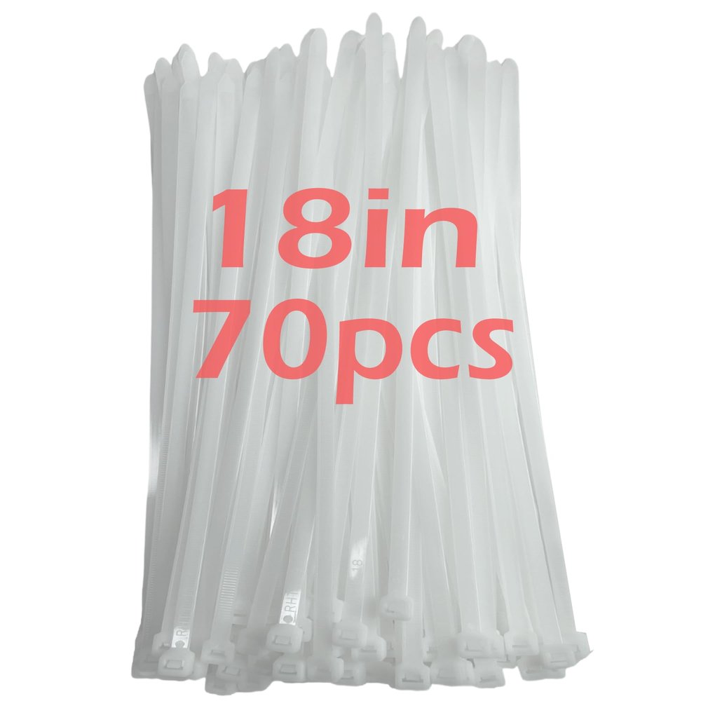 200lb Zip Ties Heavy Duty 18 Inch 70pcs, Large White Cable Tie, Thick Heat Resistant Zipties, Big Wide Clear Wire Ties, Industrial Tie Wraps for Outdoor Use