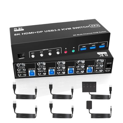 D3LX0Z1 4K KVM Switch 3 Monitors 4 Computers 8K 2 DisplayPort +1 HDMI KVM Switch Triple Monitor for 4PC with Audio Microphone(EU Plug,1DP 2HDMI)