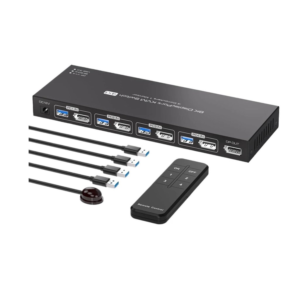 D3LX0Z1 8K Displayport KVM Switch 1 Monitors 4 Computers 4K 4x1 DP USB 3.0 KVM Switch for 4 PC Share Keyboard Mouse(SW241-HDMI 2.1,AU Adapter)