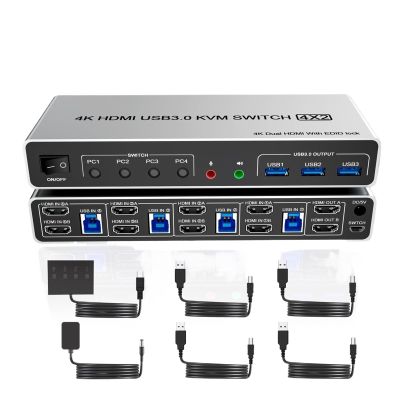 D3LX0Z1 4K USB 3.0 HDMI KVM Switch Dual Monitors 4 Computers,2 Monitor 4 PC KVM Supports EDID with Audio Microphone 3 USB 3.0 Port(Shell Aluminum,EU Plug)