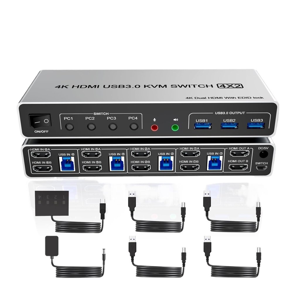 D3LX0Z1 4K USB 3.0 HDMI KVM Switch Dual Monitors 4 Computers,2 Monitor 4 PC KVM Supports EDID with Audio Microphone 3 USB 3.0 Port(Shell Aluminum,EU Plug)
