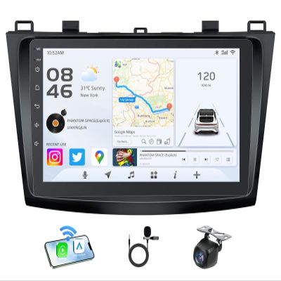 4+64G Car Radio for Mazda 3 2010-2013: 9" 1280x800 Touchscree Car Stereo with Wireless Carplay & Android Auto GPS Navigation Bluetooth WiFi FM SWC Backup Camera