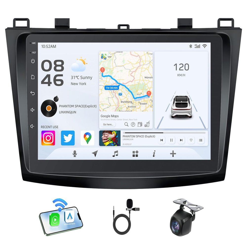 4+64G Car Radio for Mazda 3 2010-2013: 9" 1280x800 Touchscree Car Stereo with Wireless Carplay & Android Auto GPS Navigation Bluetooth WiFi FM SWC Backup Camera