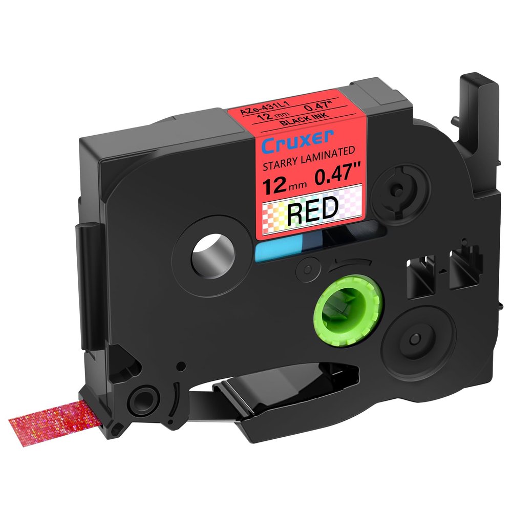 Cruxer 1 Pack Replacement for P-Touch TZe-431L1 TZe431L1 0.47" 12mm Black Print on Red Starry Laminated Glitter Rainbow Tape Compatible with Ptouch PT-D200 D210 D400 D450 D600 H100 Label Maker