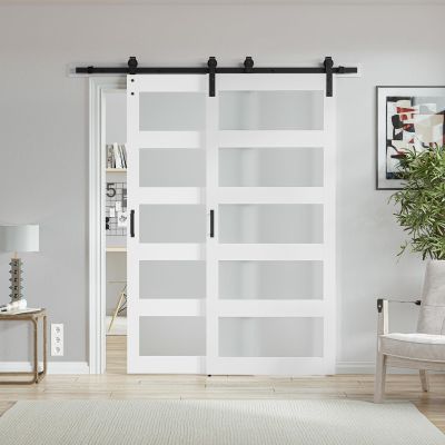 60''84'' 5 Glass Bypass Manufactured Wood Barn Door with Installation Hardware Kit