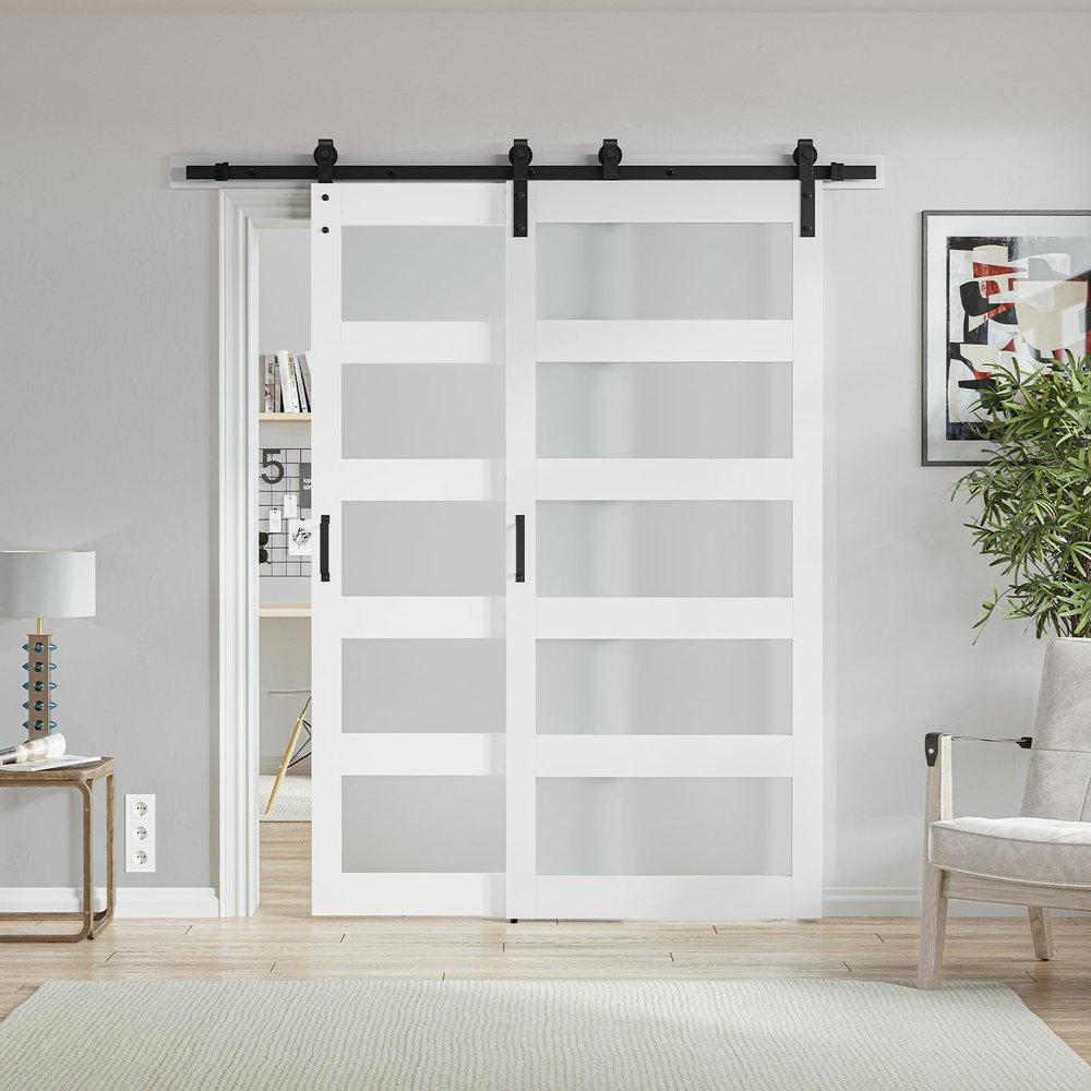 60''84'' 5 Glass Bypass Manufactured Wood Barn Door with Installation Hardware Kit