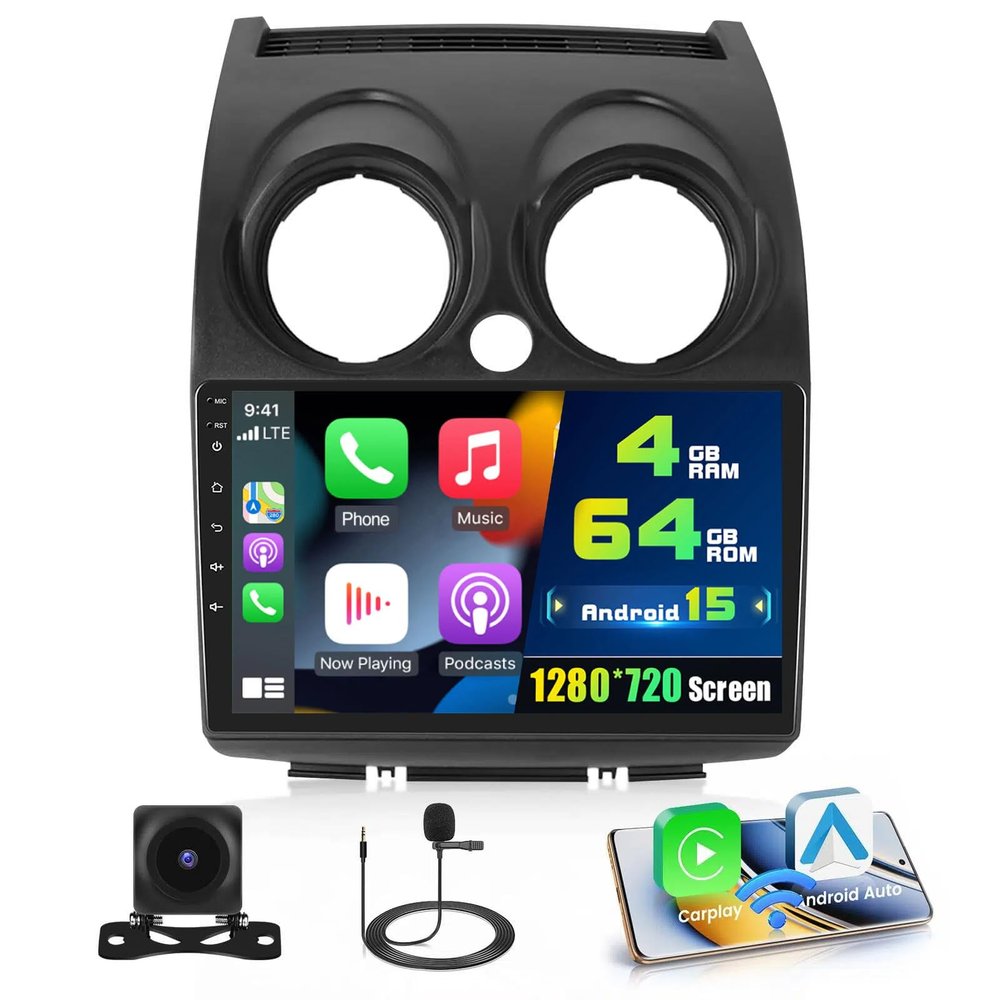 4+64G Radio for Nissan Rogue Sport Qashqai 2006-2016, 9'' IPS Touchscreen Stereo Android 15 Wireless Apple Carplay Android Auto 32EQ 5G WiFi 1080P Bluetooth +Free AHD Backup Camera