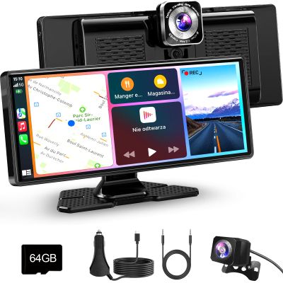 10.26 Carplay Screen for Car, HD IPS Wireless Portable Touch Screen with 64GB TF Card  Supports Apple Carplay & Android Auto, Mirror Link/4K Dash Cam/1080P Rear Camera/BT/FM/Voice Control