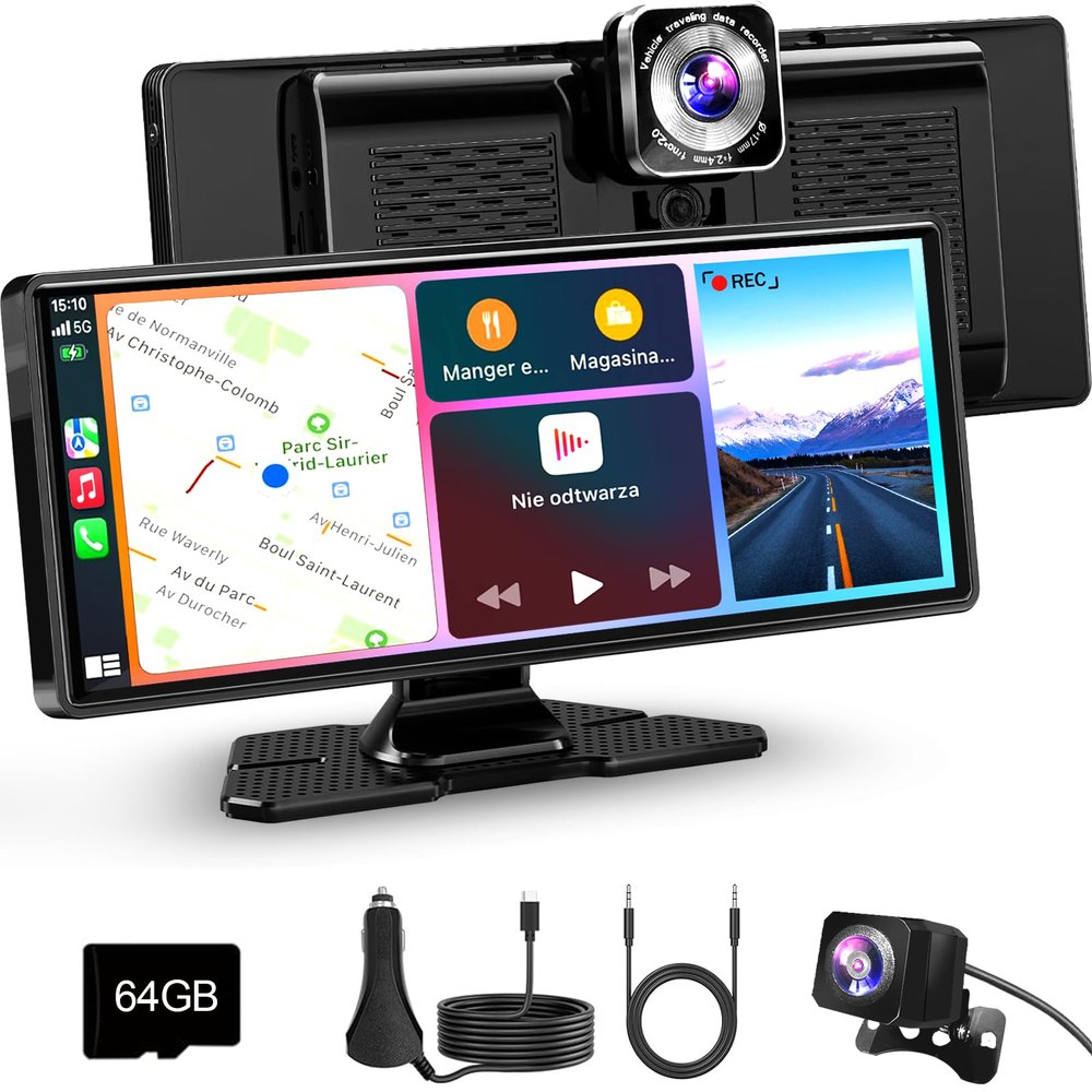 10.26 Carplay Screen for Car, HD IPS Wireless Portable Touch Screen with 64GB TF Card Supports Apple Carplay & Android Auto, Mirror Link/4K Dash Cam/1080P Rear Camera/BT/FM/Voice Control
