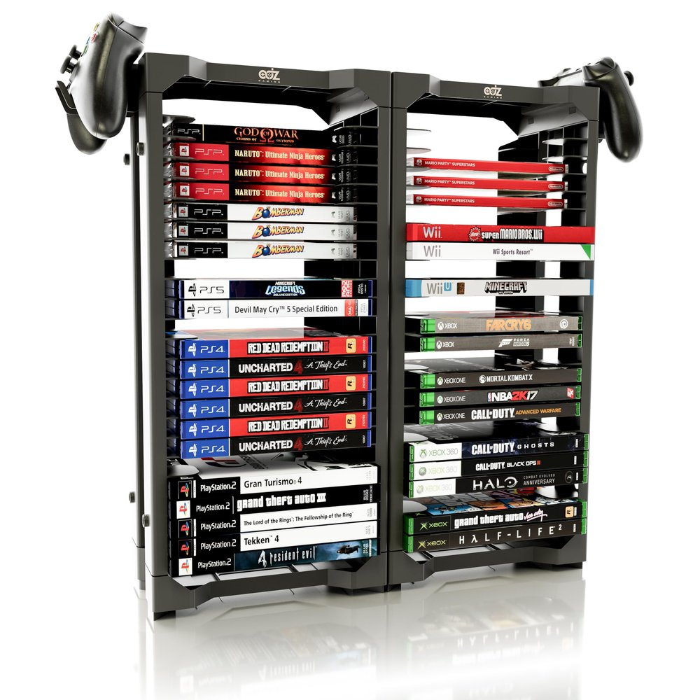 ADZ Universal Game Holder  46 Game Storage Tower Rack for PS2 PS3 PS4 PS5 PSP Xbox 360 Xbox One Series X Wii Switch Games DVD and Blu-Ray Disks. Includes 2 Controller Mounts (Black)