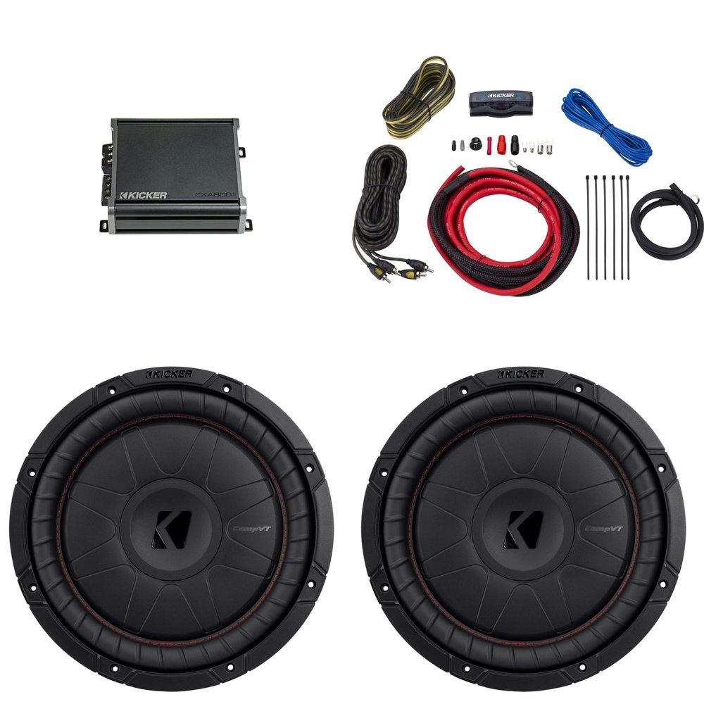 KICKER 12 Inch CVT Thin Woofer Includes Two 52CVT122 Package with 46CXA8001 Amplifier and Wire kit