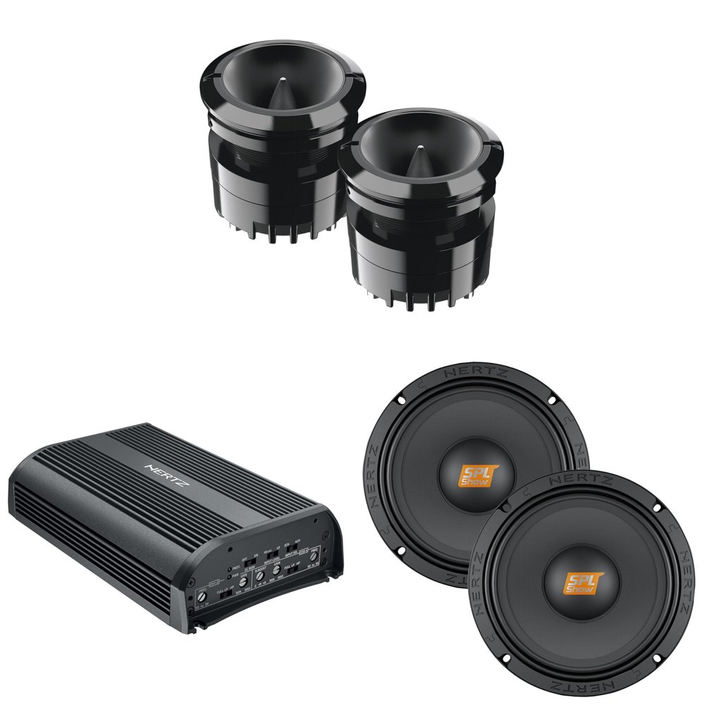 Hertz SP 4.900 D-Class 4 Channel Amplifier with 1 Pair of SV 165.1 SPL Series 6.5" 4-Ohm SPL Midrange Speaker Drivers and 1 Pair of ST-35K-NEO 35mm High Efficiency Compression Driver