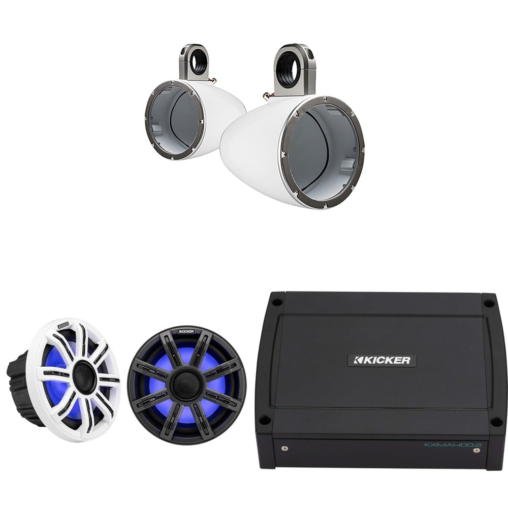Kicker Premium Marine 8" 51MSC8 with 43KMTES8W White Enclosures Includes 48KXMA4002 Amp, UTV/Wake Boarding