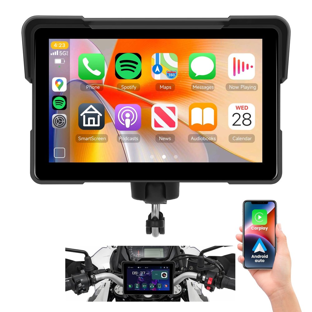 7'' Motorcycle Carplay Screen, Rimoody Wireless CarPlay Android Auto with Design Mount Waterproof Touchscreen Supports GPS Navigation/Bluetooth Transmission/EQ