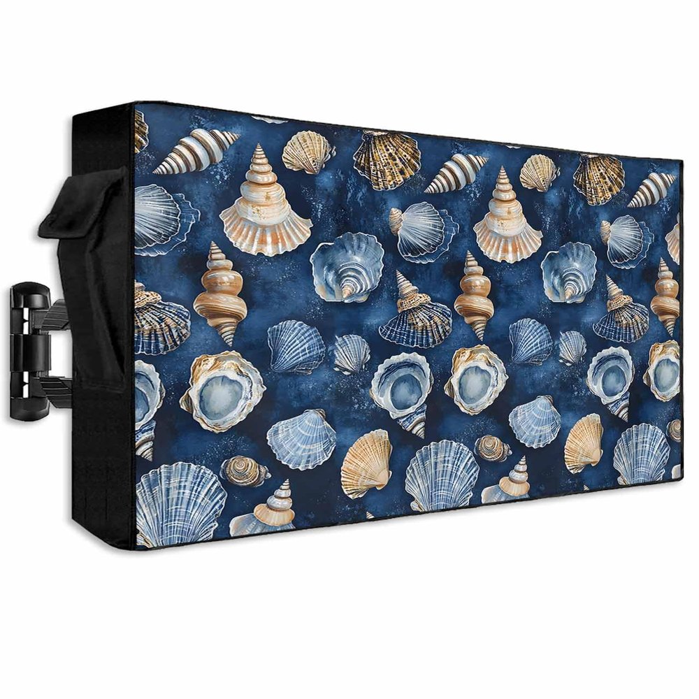 Outdoor TV Cover Blue Gray Sea Shell Nautilus Weatherproof Waterproof Outside TV Protector with Zipper,Summer Ocean Life Smart Television Screen Cover for 60 to 65Inch Screens