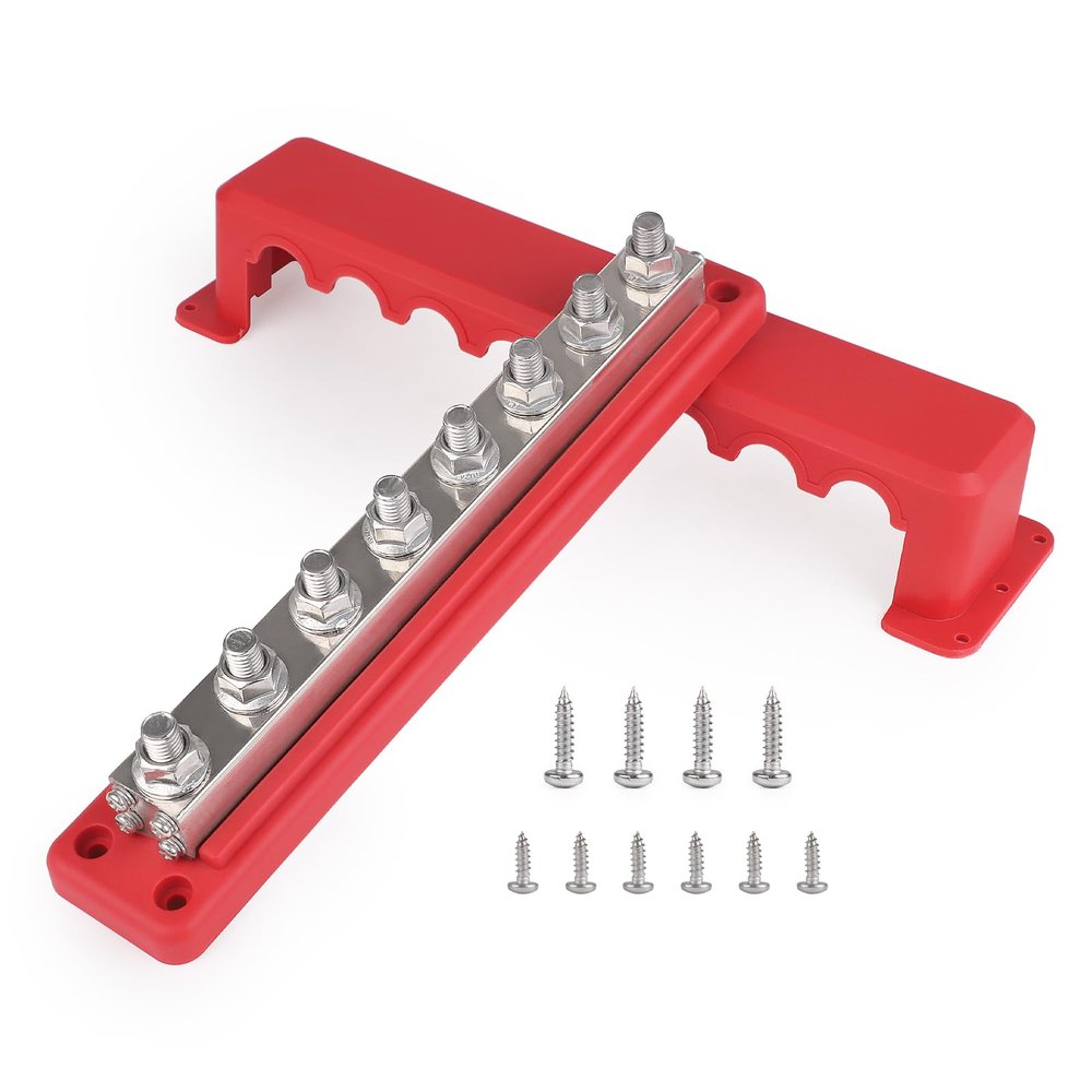 600A Heavy Duty Power Distribution Block with Cover 8 x 3/8" (M10) Studs Bus Bar Terminal Block, High Current Busbar 12-48V DC Busbar Box for Automotive RV Boat, Red