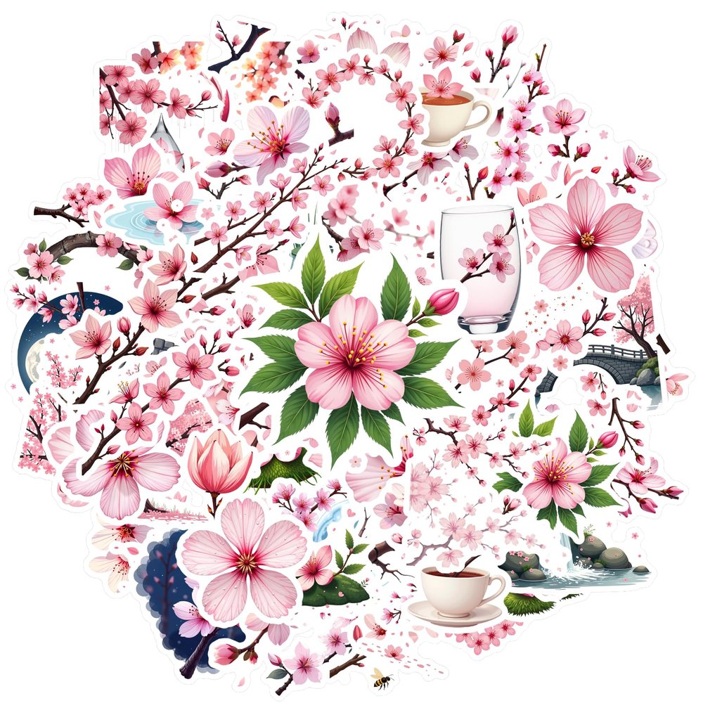 100Pcs Cherry Blossom Stickers,Waterproof Sakura Sticker for Cherry Blossom Party Adults Teens Water Bottle Laptop Phone Cases Planner Skateboard Luggage Helmet C432X1G