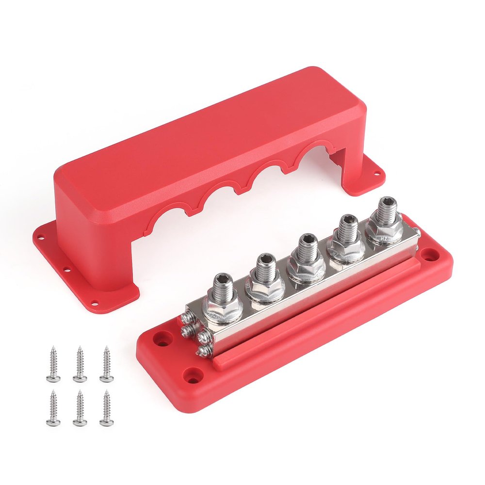 600A Heavy Duty Power Distribution Block with Cover 5 x 3/8" (M10) Studs Bus Bar Terminal Block, High Current Busbar 12-48V DC Busbar Box for Automotive RV Boat, RED